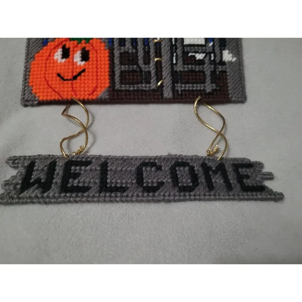 Set 2 Vintage Halloween Needlepoint on Plastic Decoration Pumpkin Ghost Graveyar
